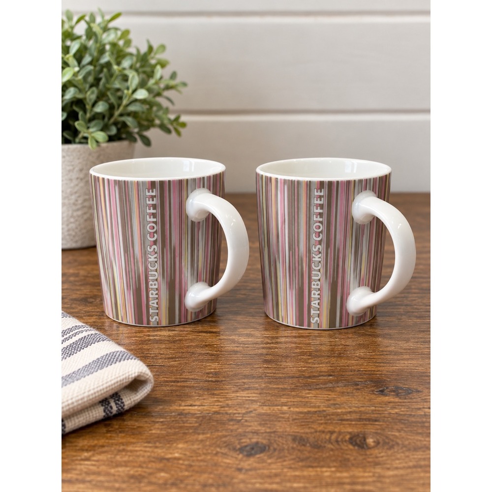 Starbucks Coffee Mugs Set 2 Pink Striped Ceramic 2005 Vintage 12oz Cottagecore